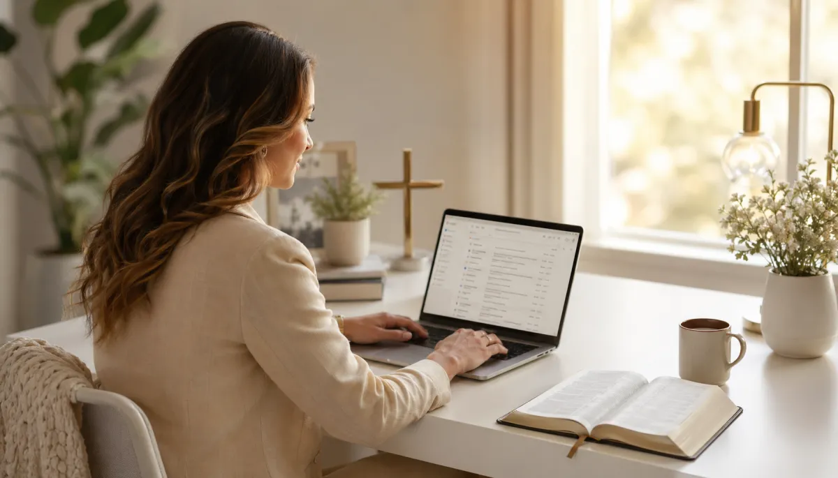 women with her back towards camera and her computer with a book open on desk and warm sunshine coming in the window