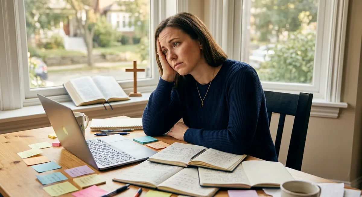  A Christian woman sitting at a wooden desk surrounded by sticky notes, open notebooks, and a laptop, looking thoughtful but overwhelmed. Warm natural light coming through a window. Faith-inspired aesthetic — subtle cross or open Bible visible in the background. Color palette of deep navy and warm gold tones. Clean, editorial style. No text. digital illustration, soft textures