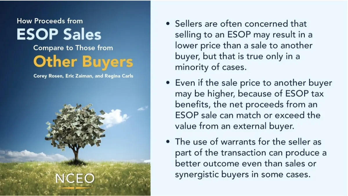 NCEO report, “How Proceeds from ESOP Sales Compare to Those from Other Buyers,” with a money tree illustration and key points explaining how tax benefits and seller warrants can help ESOP sales match or exceed proceeds from other buyers.