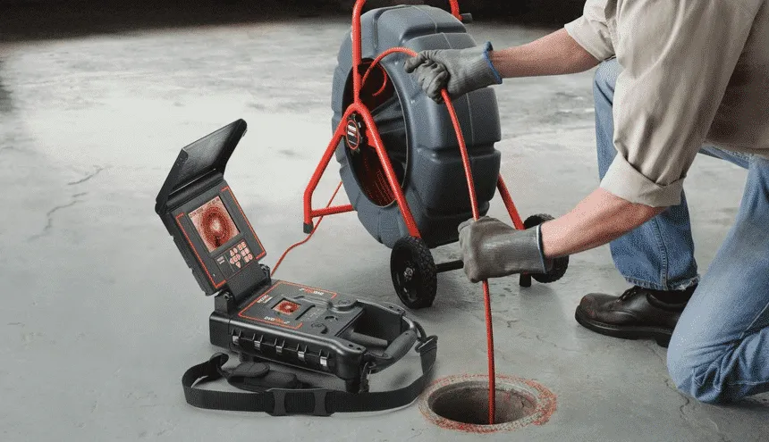 Plumber using a sewer camera inspection tool to diagnose a pipe blockage.