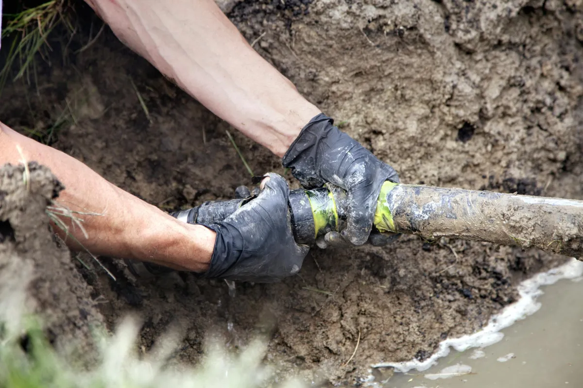 Plumber pulling a muddy pipe from the ground during a sewer line excavation.
