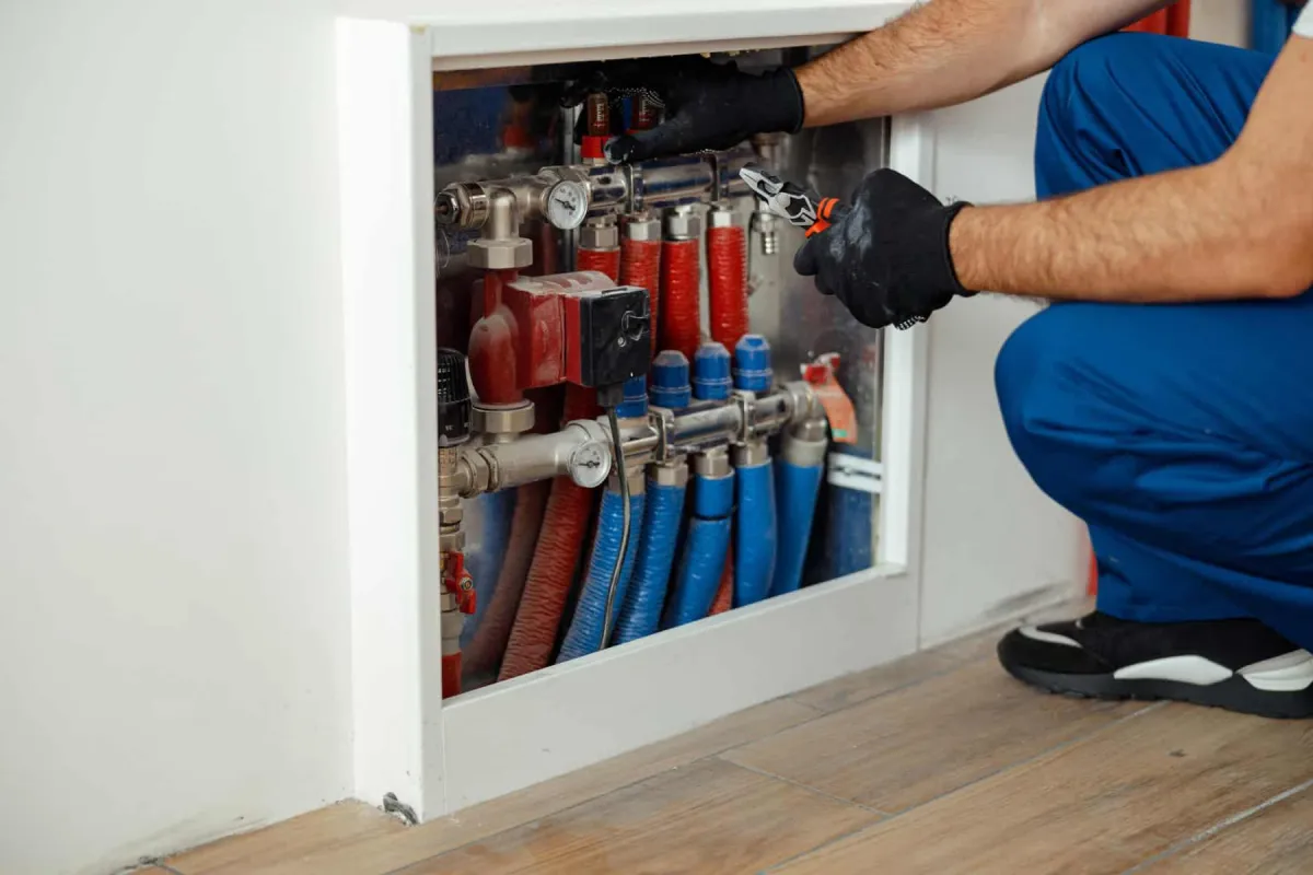 Technician adjusting valves on a complex plumbing manifold system.