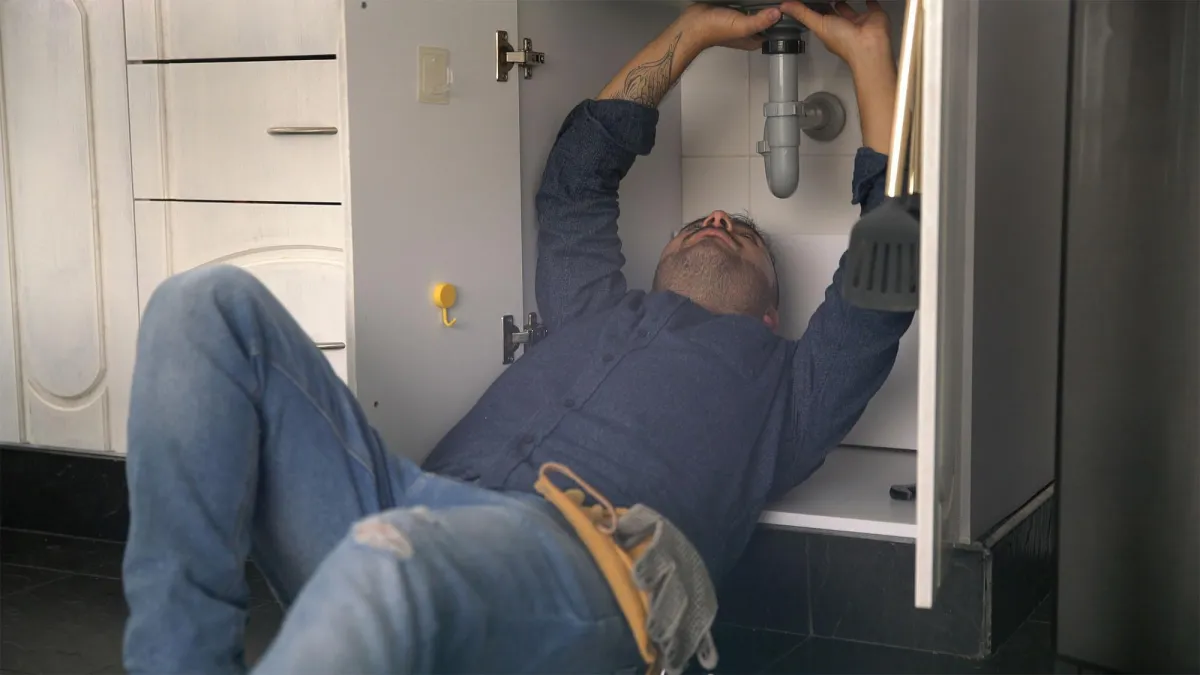 Plumber lying on the floor working under a bathroom sink.