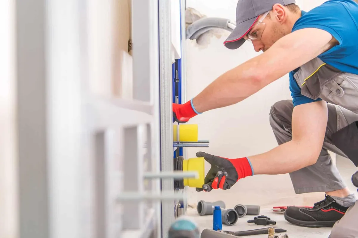Technician installing or testing a modern plumbing control panel with yellow and blue valves.