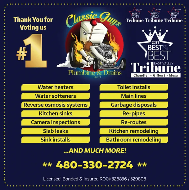 Promotional graphic for Classic Guys Plumbing & Drains, voted Best of the Best by East Valley Tribune in Chandler, Gilbert, and Mesa. Lists services including water heaters, water softeners, reverse osmosis systems, kitchen and bathroom remodeling, camera inspections, slab leaks, re-pipes, and more.