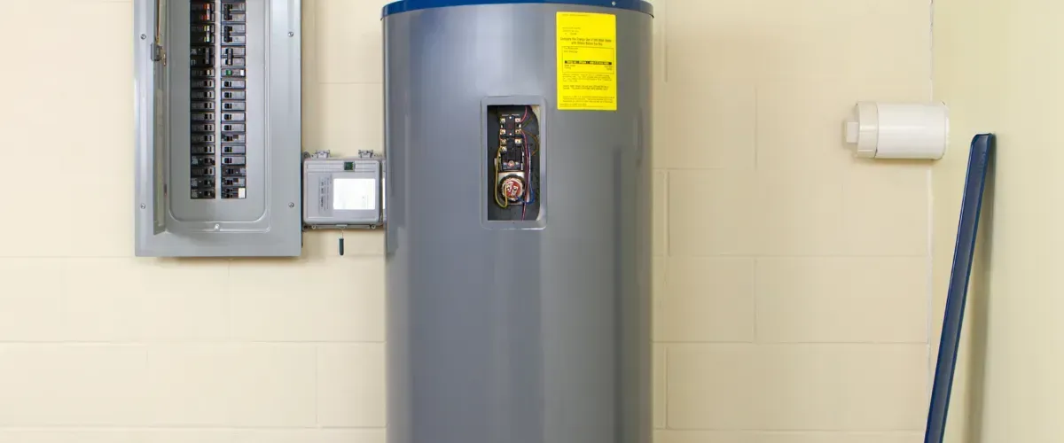 Hot water heater tank installed in residential utility room