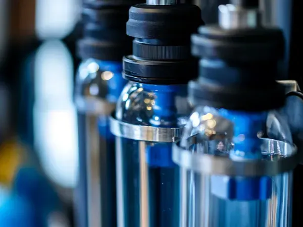 Close-up of a whole-house water filtration system with multiple cartridges