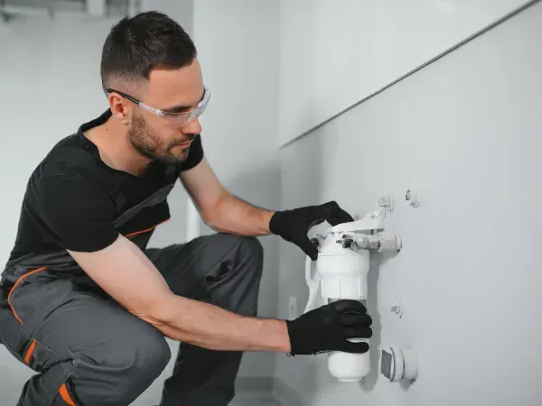 Technician installing a home water filtration system under the sink