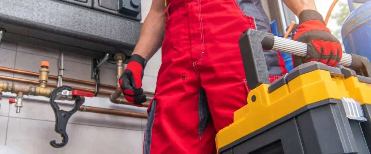 Professional plumber holding a toolbox ready for home plumbing repairs.