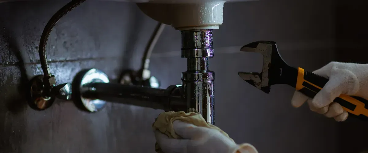 Plumber repairing a leaking sink drain with tools in a dimly lit bathroom