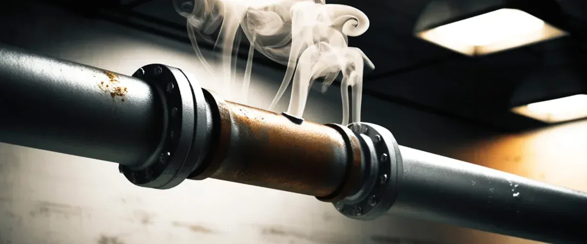 Leaking rusty pipe with steam indicating plumbing issue.