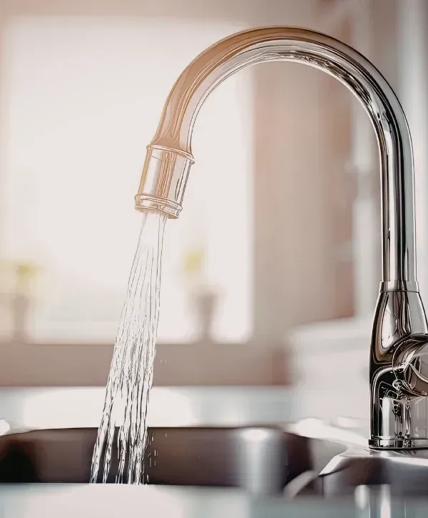 Modern kitchen faucet running clean water into sink.
