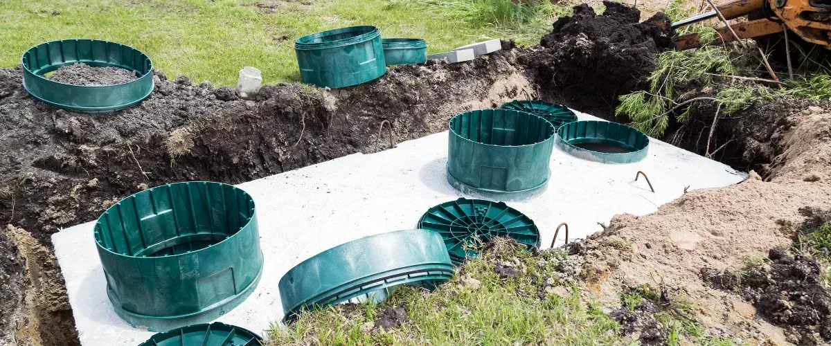 A newly installed concrete septic tank with several green plastic risers and lids in an excavated pit.