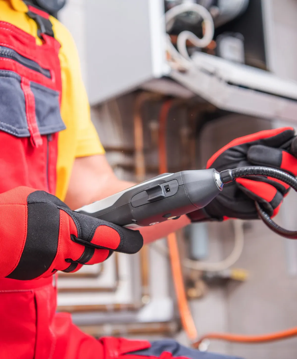 A close-up of a gloved technician holding a gas leak detector near an open boiler.