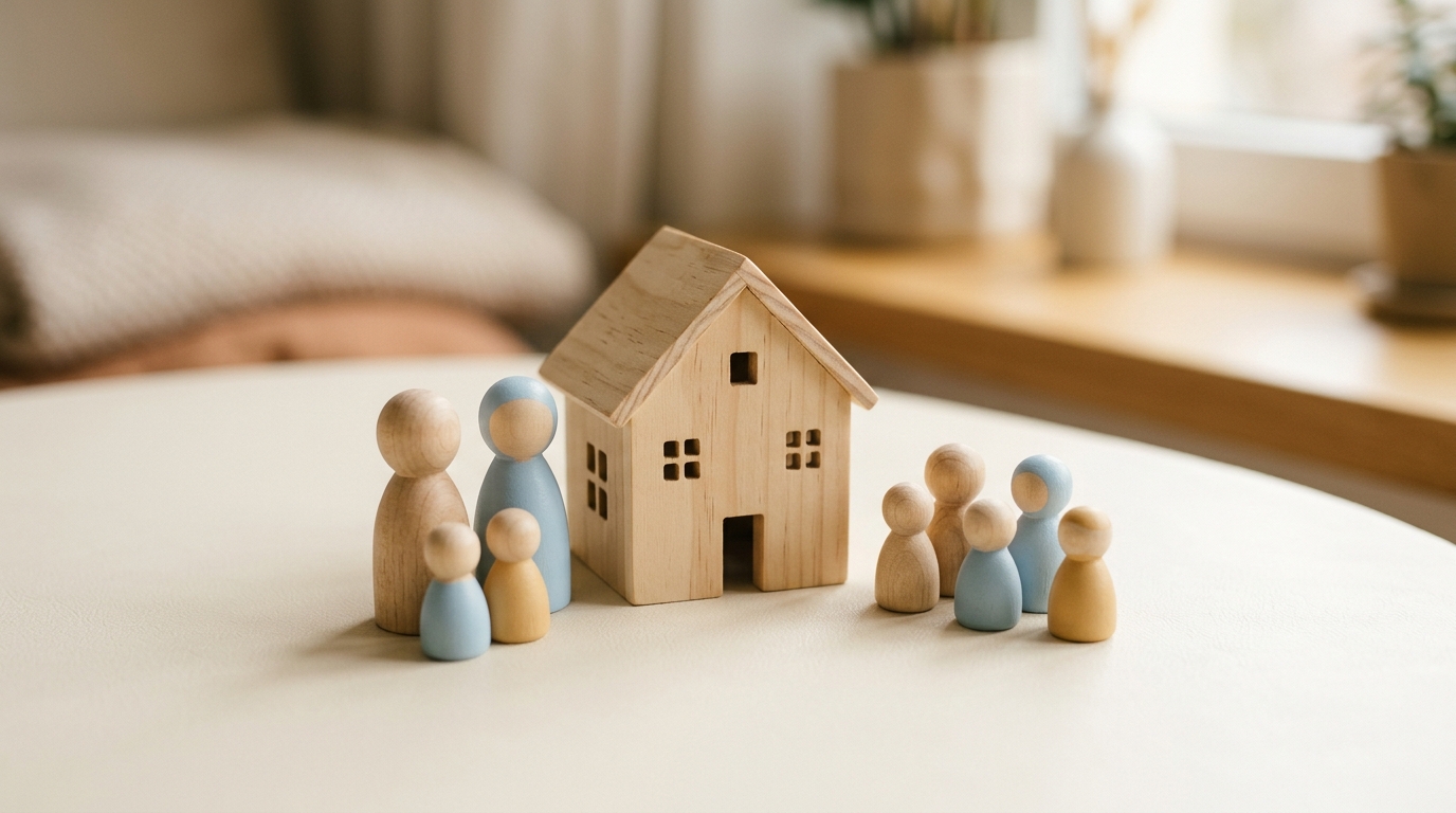 Maison en bois entourée de figurines représentant une famille