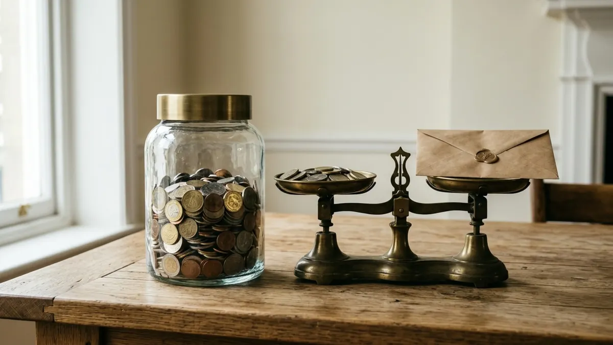 Bocal de verre scell&eacute; rempli de pi&egrave;ces &agrave; c&ocirc;t&eacute; d'une balance de laiton