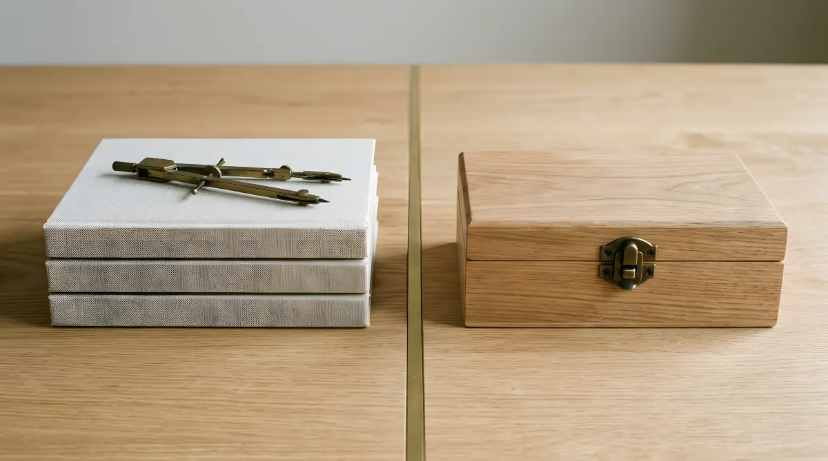 Pile de livres et compas &agrave; gauche, coffret de bois ferm&eacute; &agrave; droite, s&eacute;par&eacute;s par une ligne de laiton