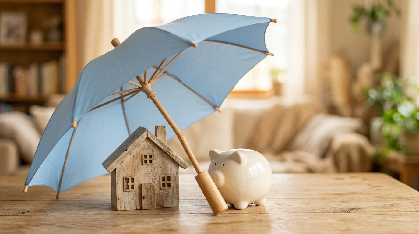 Parapluie protégeant une maison miniature et une tirelire