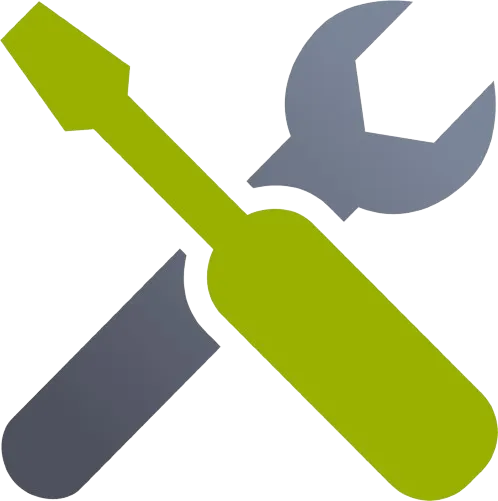 Grey and green icon of a wrench and screwdriver crossed in an X shape, symbolizing tools and repair services.