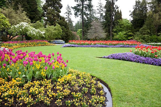 Lush landscaped lawn with vibrant flower beds and a tree-lined background
