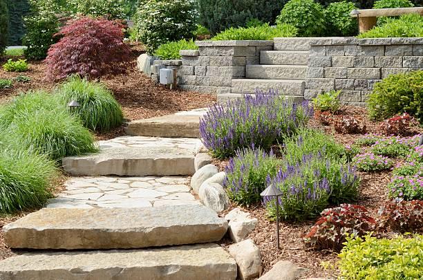 A beautiful backyard landscape featuring a stone pathway, hardscaped stairs, a decorative retaining wall, and mulch beds filled with various flowers and small bushes.