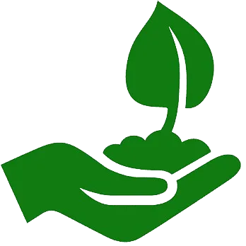 Green icon of a hand gently holding a sprouting plant, symbolizing growth and eco-friendly landscaping.