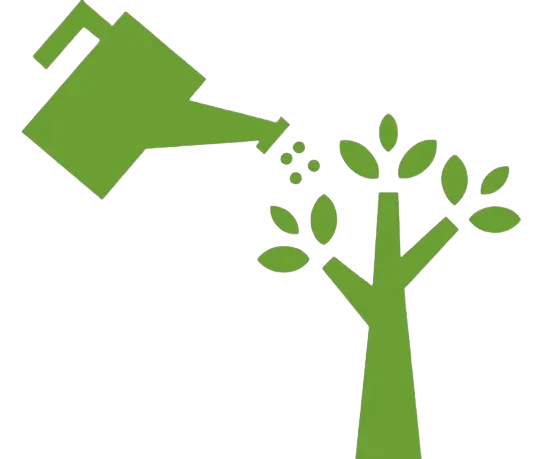 Green icon of a plant being watered by a watering can, representing care and sustainable gardening.