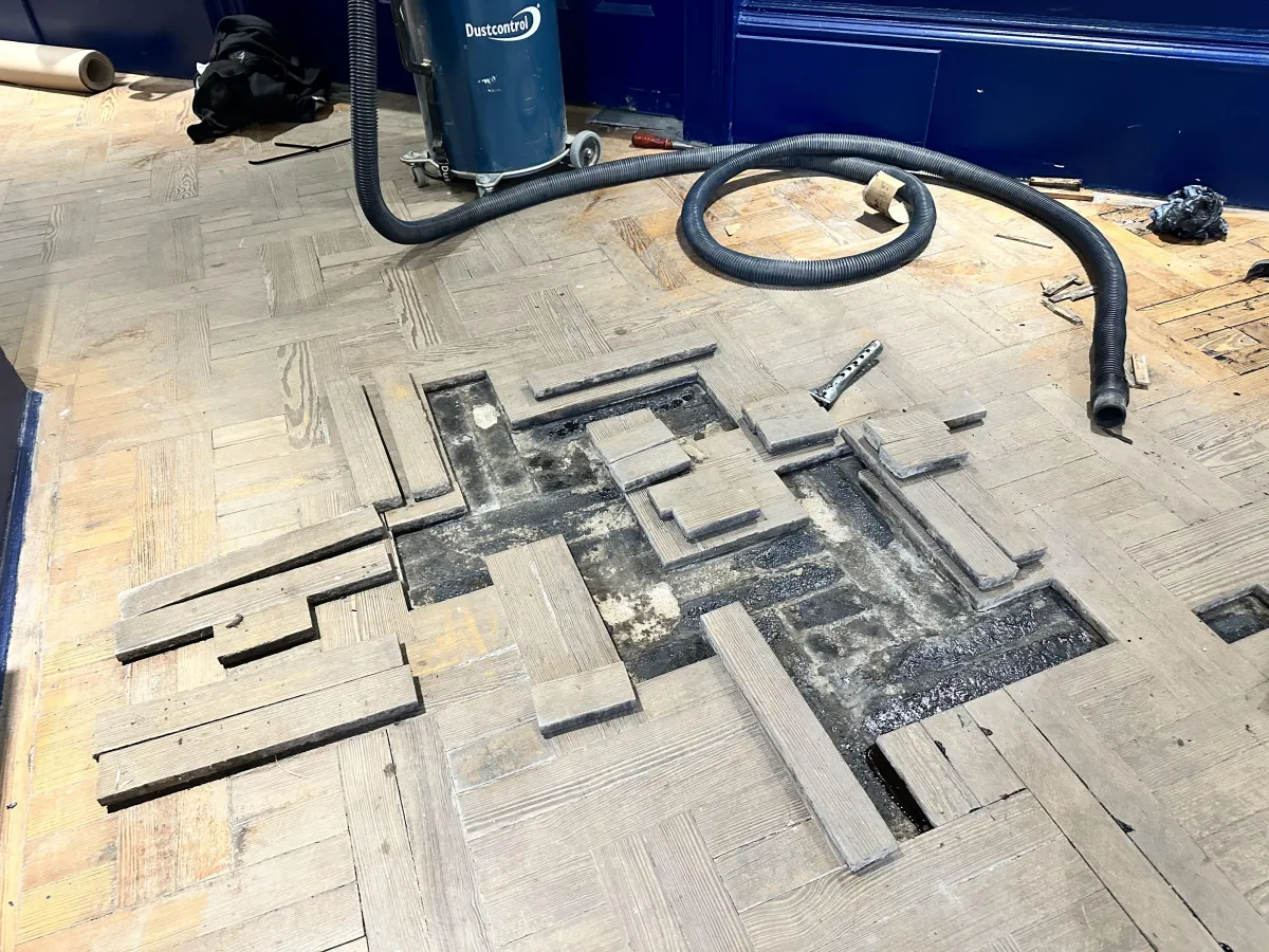 Diagonal wooden planks show their rich texture.