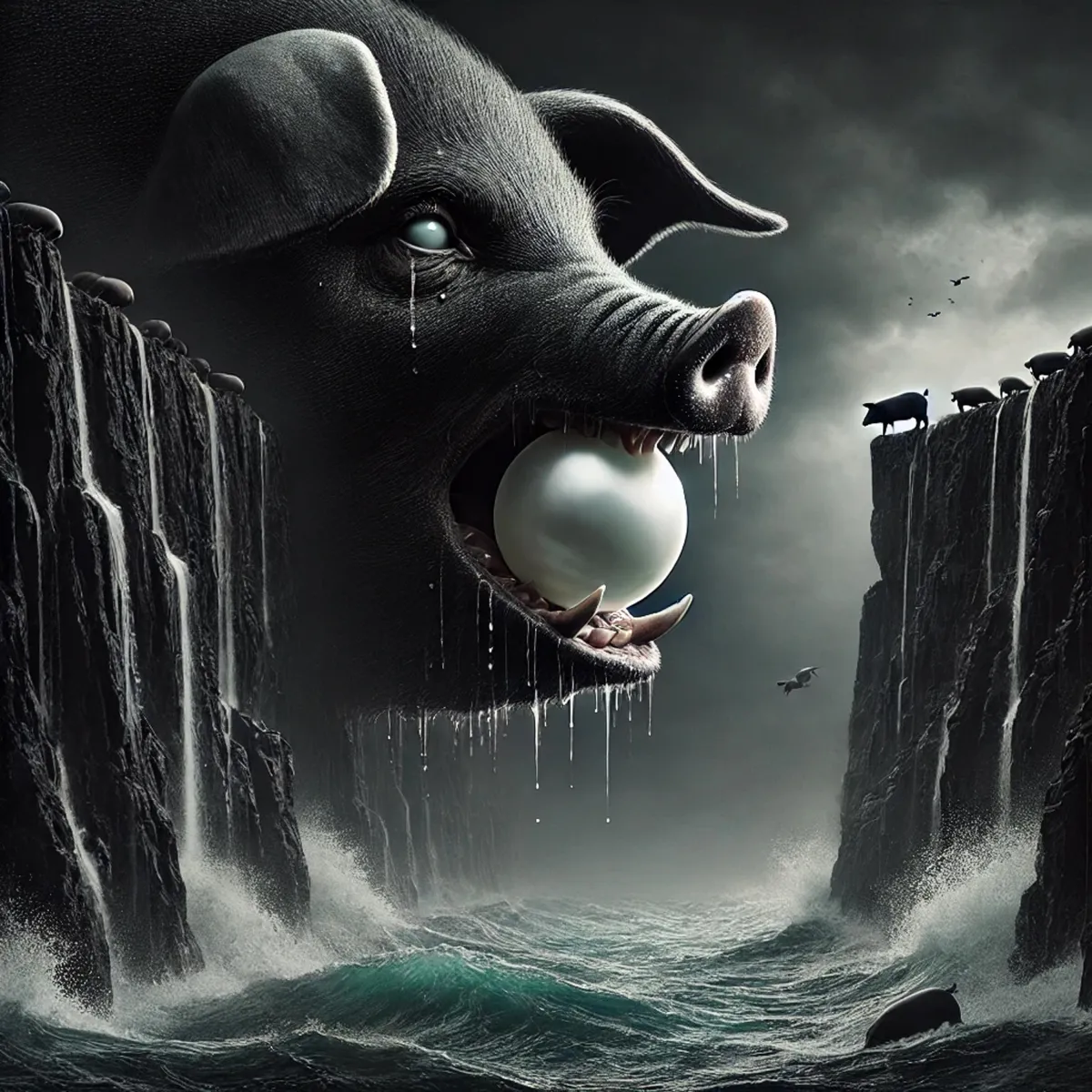 Cliffs covered with herds of pigs while they dive to their own demise into torrential waters below. The centerpiece is a large dark grey pig holding n enoumous pearls in it's mouth. The profile of the pig is frightening but he has soft and subtle non aggressive eyes. Drool and tears drip from its face. 