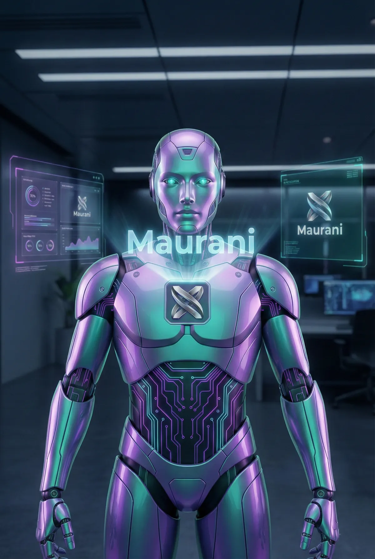 Futuristic AI digital brain glowing with lilac and silver data streams connecting to social media, phone and calendar icons on a dark background.