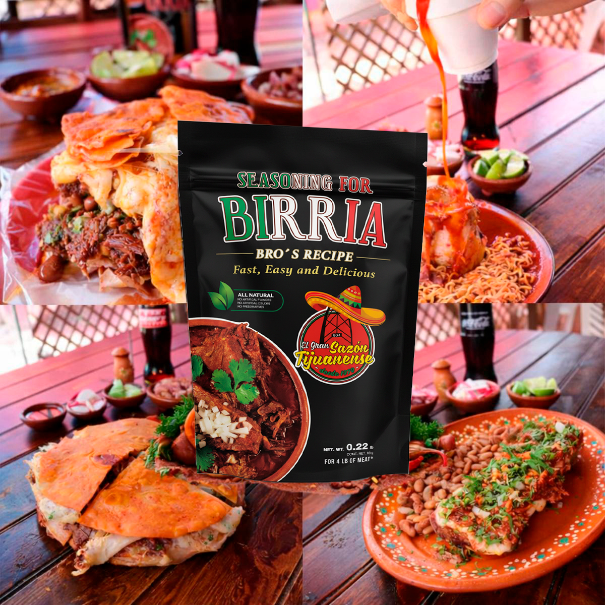 Olla de birria humeante en una mesa rústica, estilo fotográfico cálido.