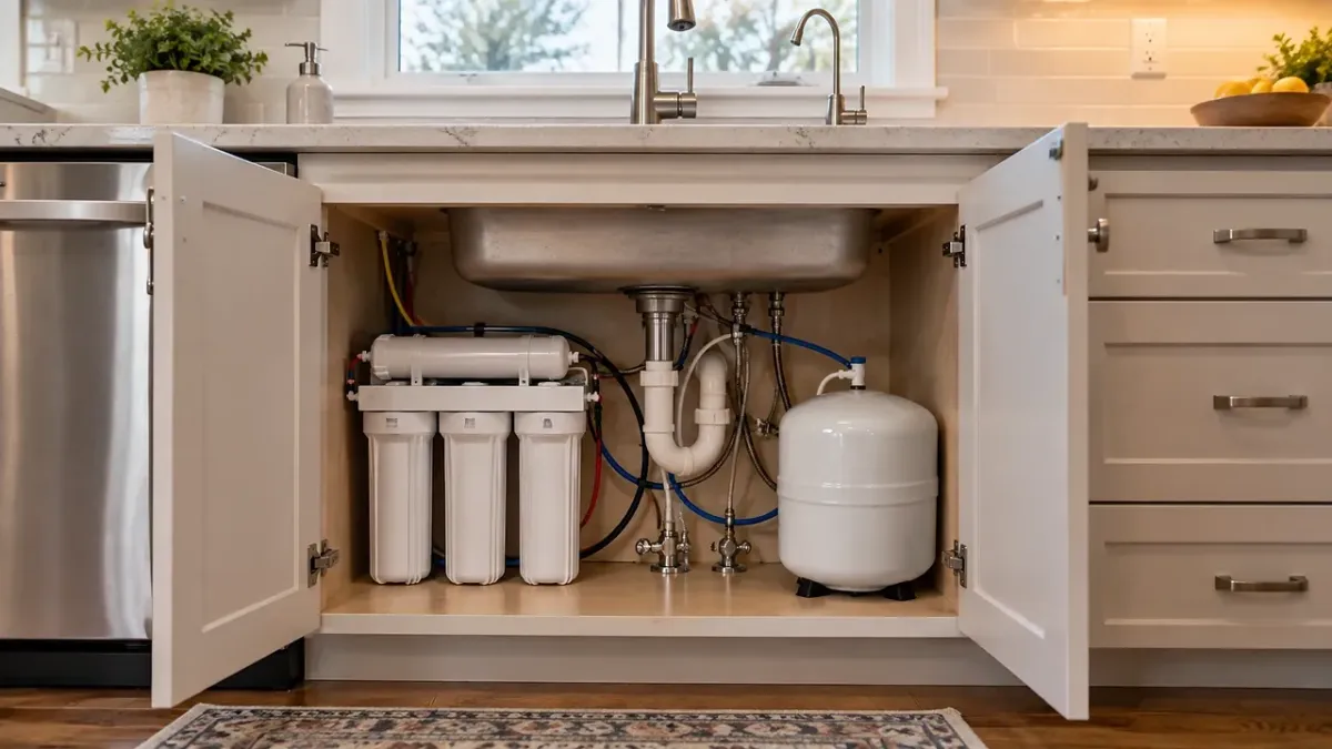 Reverse osmosis water filtration system providing purified drinking water in a Newton, Massachusetts home.
