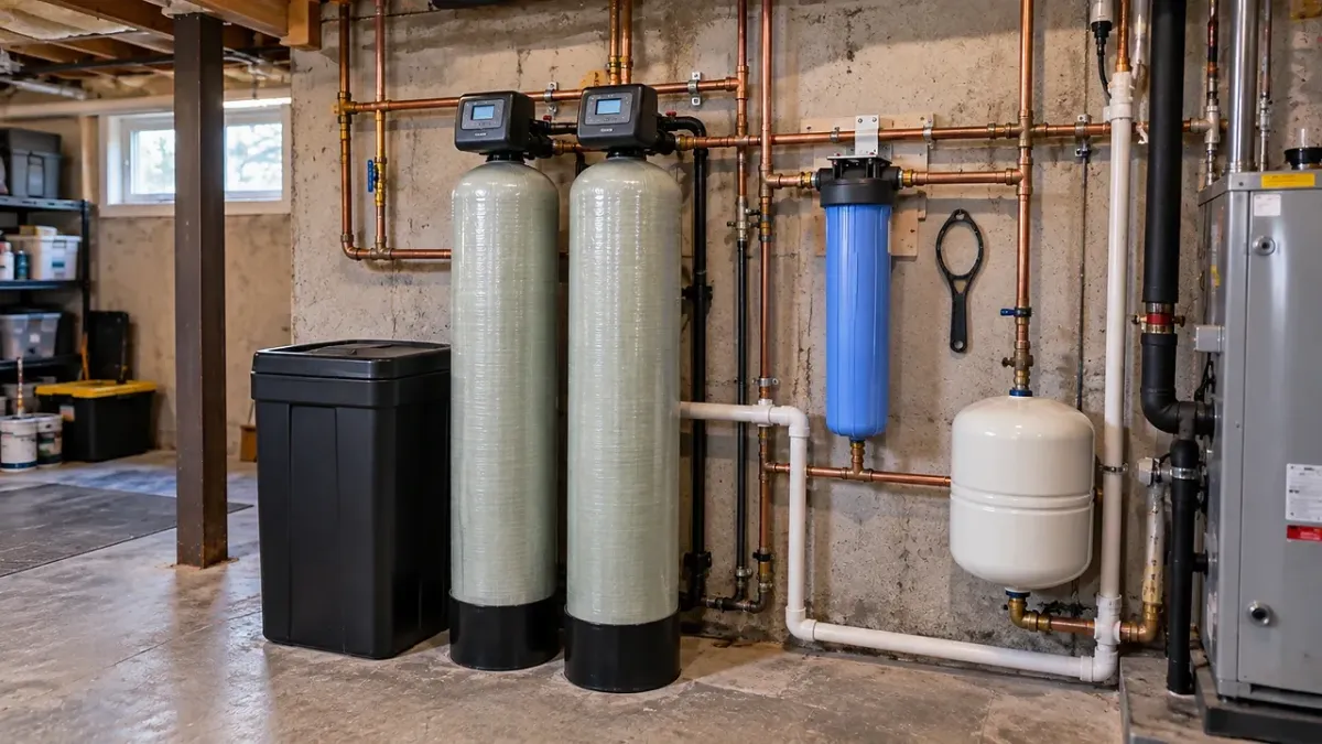 Whole house water filtration system installation for clean, filtered water throughout a Newton, MA home.