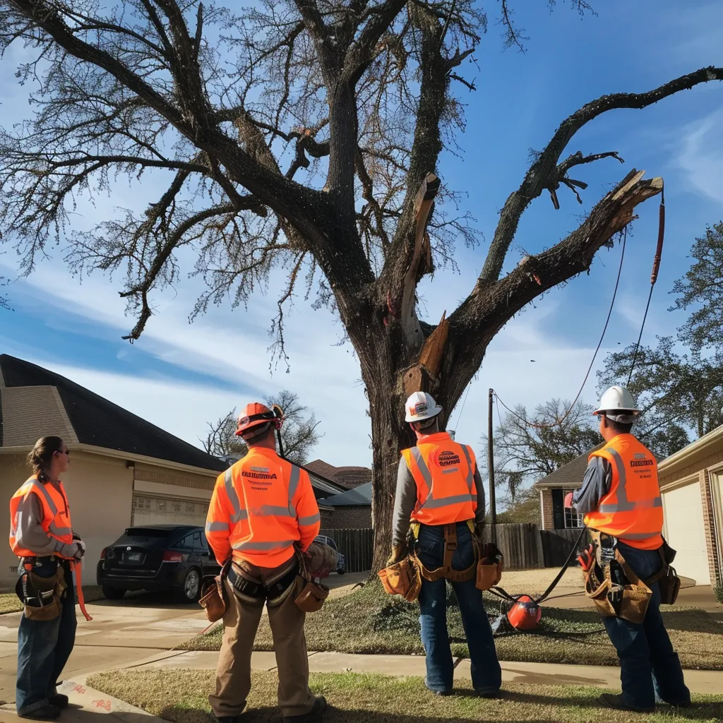 A team of emergency tree service experts planning a tree removal from a home