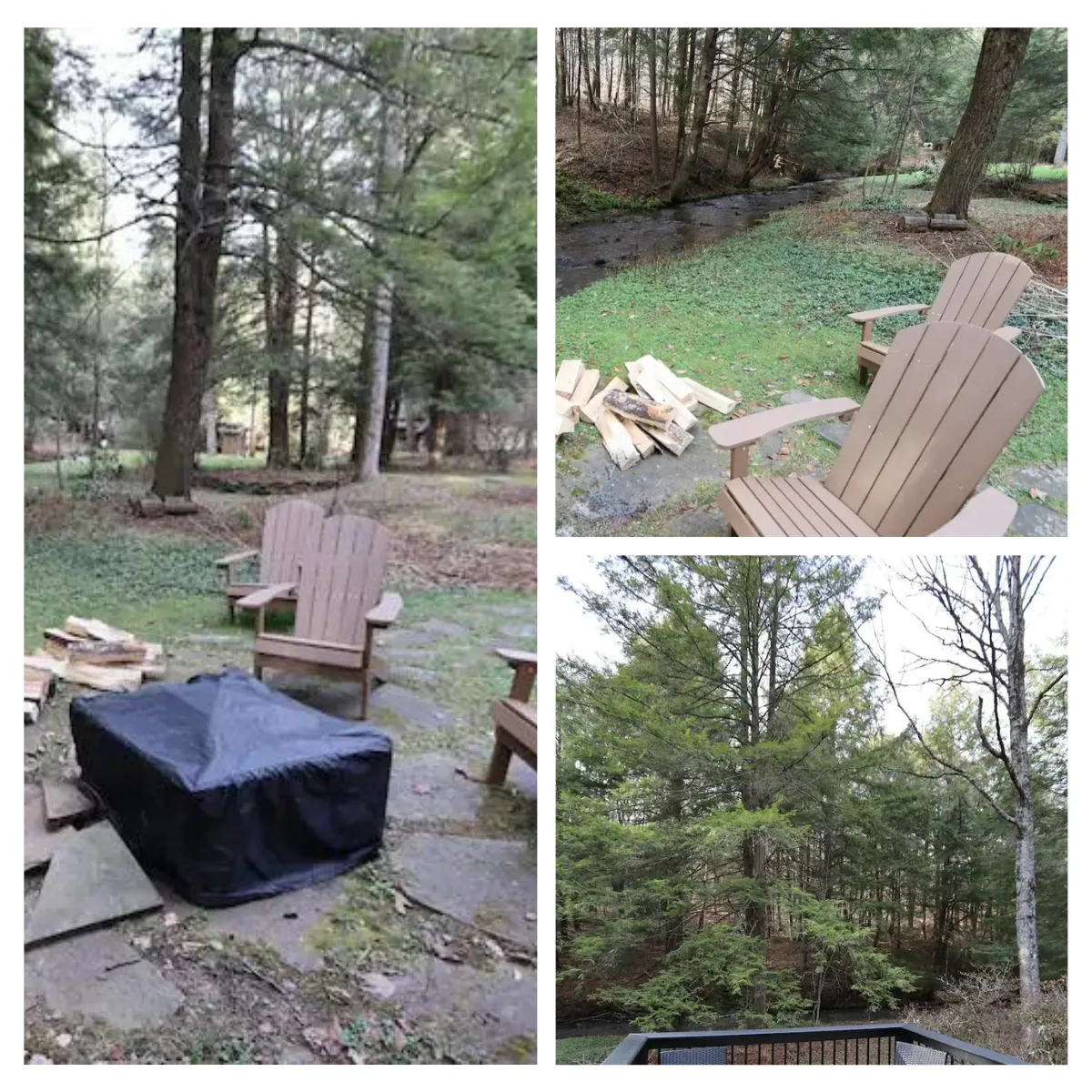 Relax on the private deck by the tranquil stream at the streamside cottage, perfect for enjoying meals and gatherings by the firepit, while exploring the peaceful Potter County landscape.