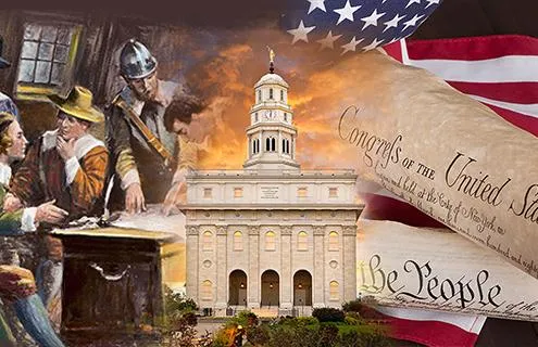 Collage of the Nauvoo Temple at sunset, a Pilgrim-era painting, the American flag and the Constitution