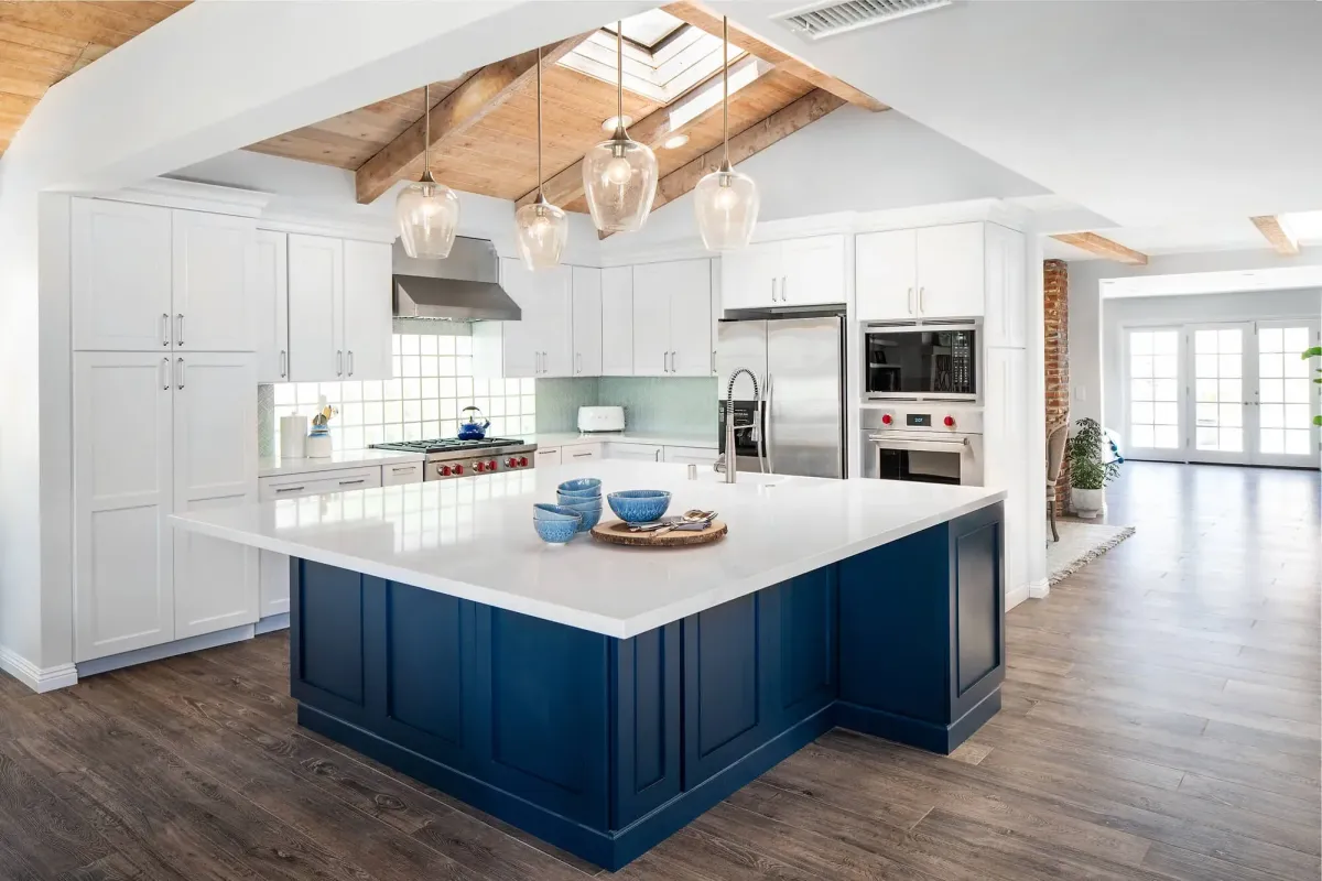 a kitchen with a large island