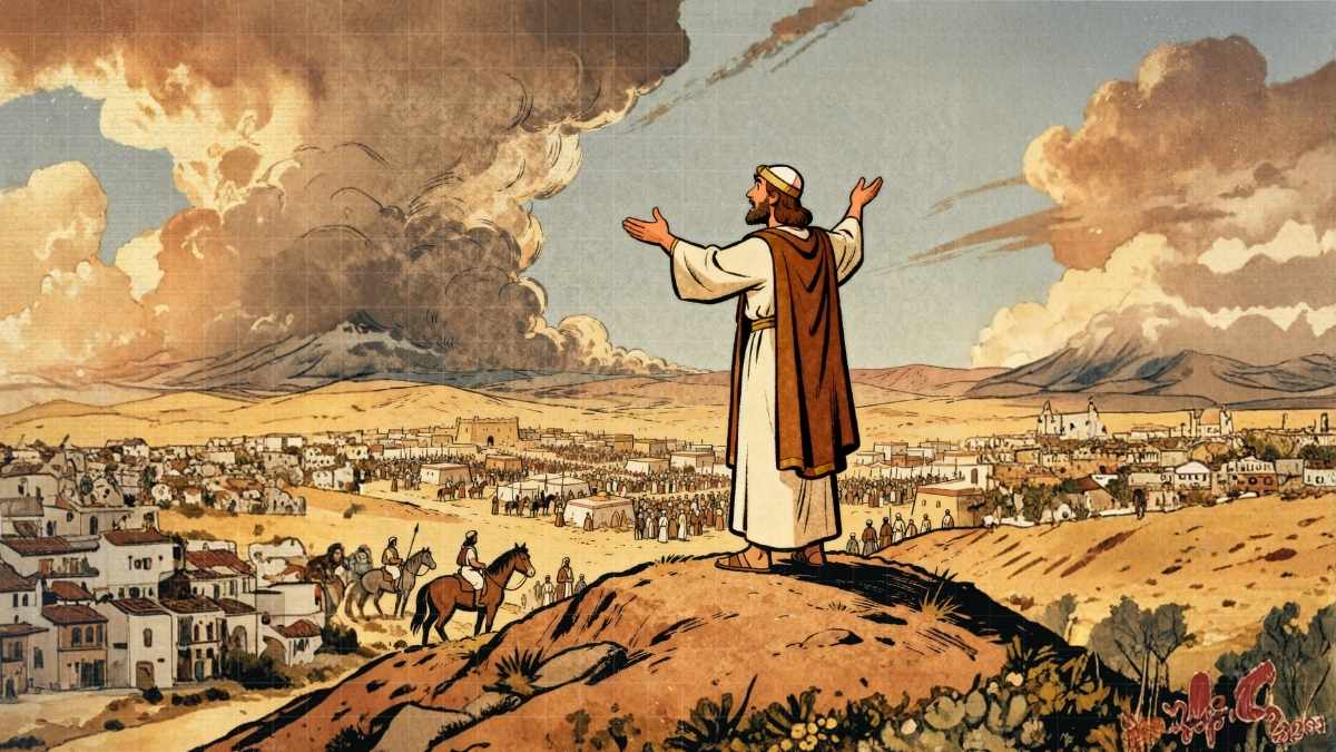Vintage cartoon illustration of Balaam standing on a hill overlooking Israelite camp while speaking blessing, desert landscape, dramatic sky, biblical era clothing, classic 1950s hand-drawn cartoon style, bold clean outlines, soft shading, warm earth-tone palette, gentle retro grain texture, triumphant and hopeful mood, no text