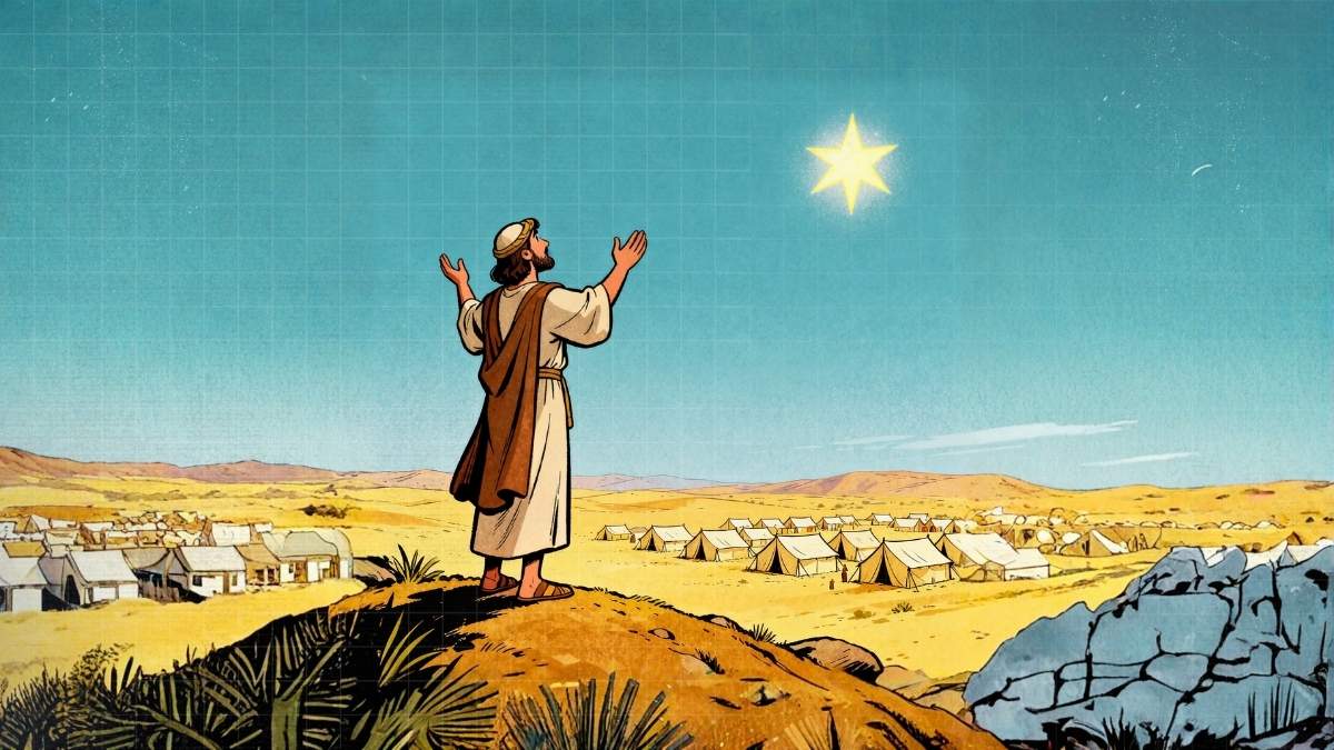 Vintage cartoon illustration of Balaam standing on a hill with hands raised while gazing toward a bright star in the sky over Israelite tents, desert landscape, biblical era clothing, classic 1950s hand-drawn cartoon style, bold clean outlines, soft shading, warm earth-tone palette, gentle retro grain texture, hopeful prophetic mood, no text