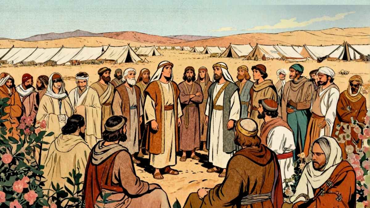 Vintage cartoon illustration of Israelites gathered in a desert camp with subtle tension, symbolic shift in loyalty, biblical era clothing, classic 1950s hand-drawn cartoon style, bold clean outlines, soft shading, warm earth-tone palette, gentle retro grain texture, serious and reflective mood, no text