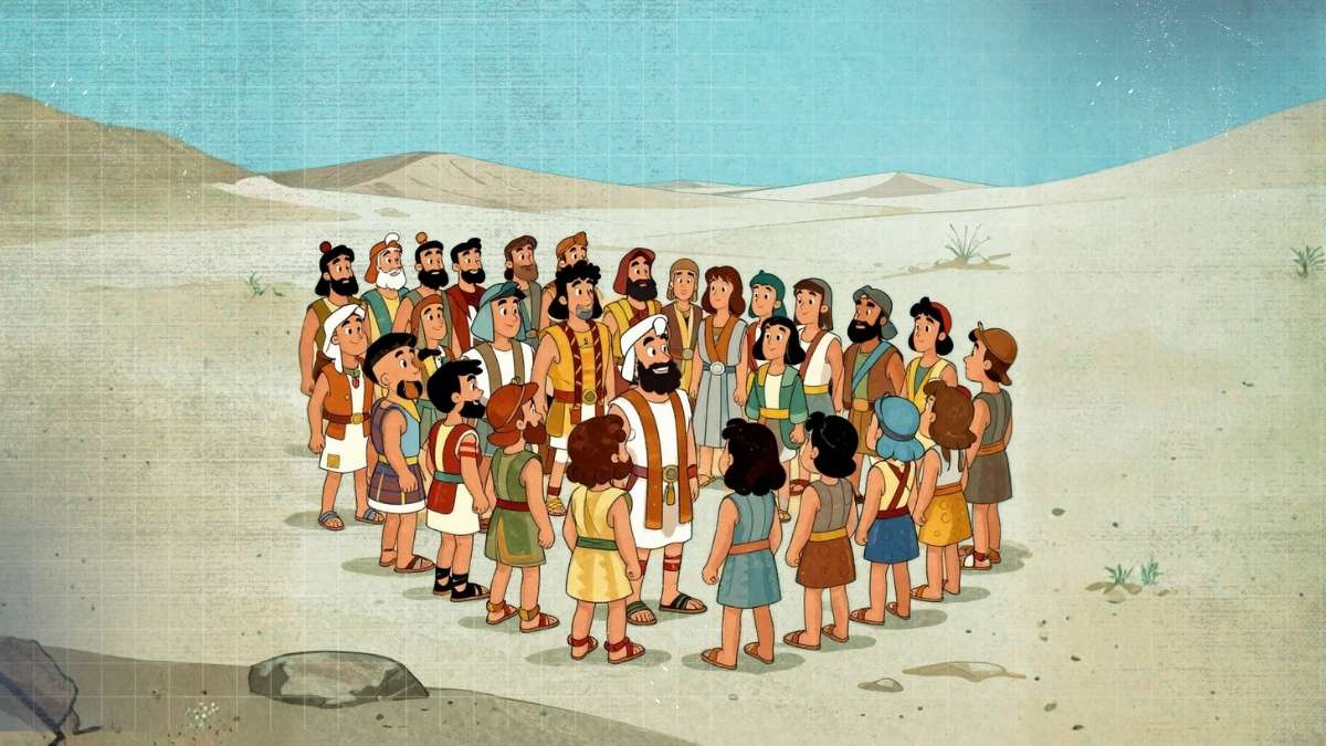 Vintage cartoon illustration of a large group of Israelites gathered in organized formation in the desert, symbolic new generation preparing for inheritance, biblical era clothing, classic 1950s hand-drawn cartoon style, bold clean outlines, soft shading, warm earth-tone palette, gentle retro grain texture, hopeful and forward-looking mood, no text
