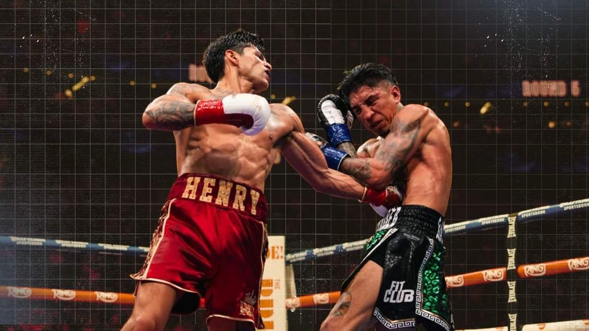 Ryan Garcia celebrating after defeating Mario Barrios to win a world boxing championship