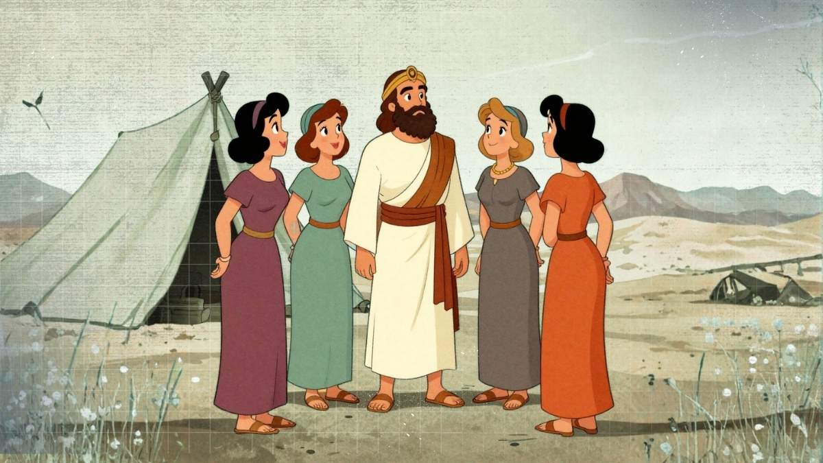 Vintage cartoon illustration of five women standing respectfully before Moses in desert camp setting, biblical era clothing, classic 1950s hand-drawn cartoon style, bold clean outlines, soft shading, warm earth-tone palette, gentle retro grain texture, hopeful and courageous mood, no text