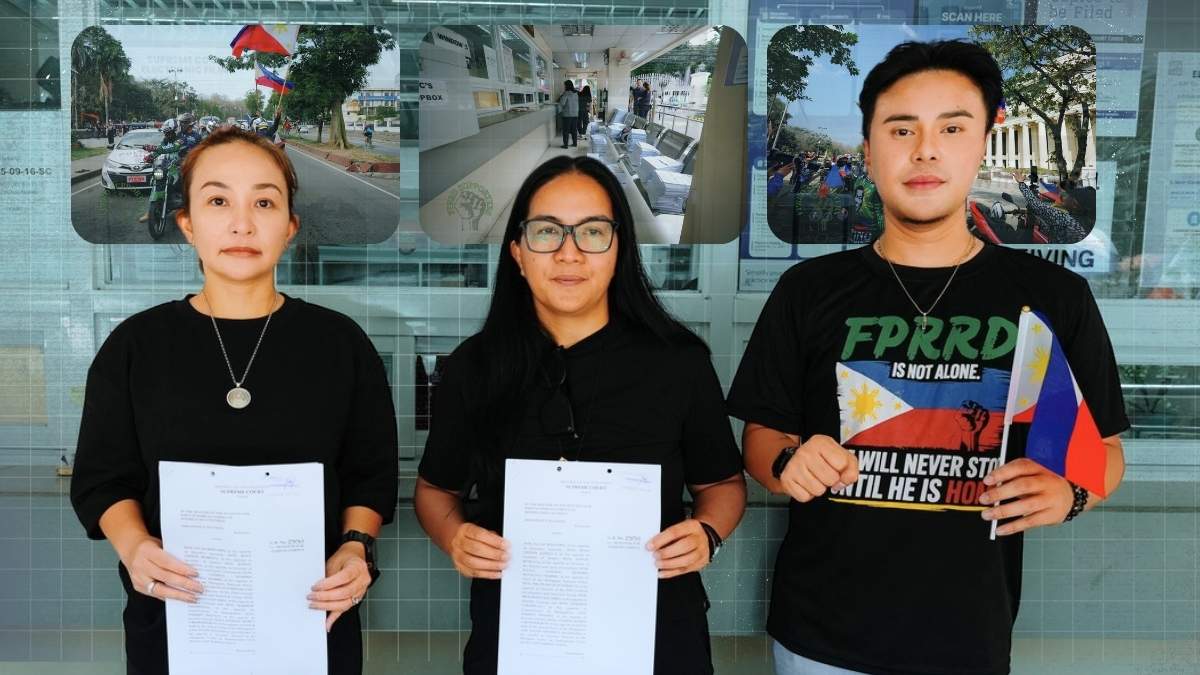 A series of photos showing supporters outside the Philippine Supreme Court building in Manila, a motorcycle convoy carrying Philippine flags, a large group photo in front of the Court, and individuals filing documents at a judicial records office.