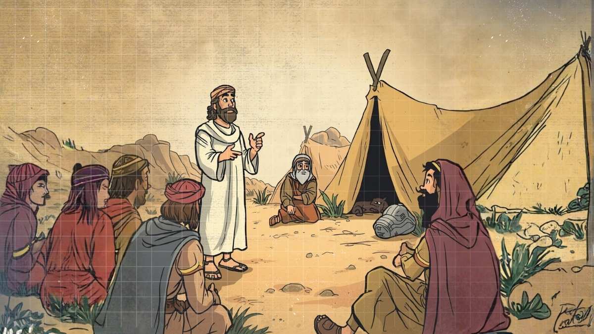 Vintage cartoon illustration of a biblical figure speaking solemnly before others in desert camp setting, symbolic covenant atmosphere, classic 1950s hand-drawn cartoon style, bold clean outlines, soft shading, warm earth-tone palette, gentle retro grain texture, reflective and serious mood, no text
