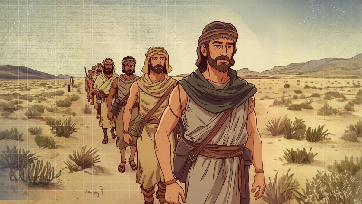 Vintage cartoon illustration of Israelite soldiers returning from battle in desert landscape with solemn yet disciplined expressions, biblical era clothing, classic 1950s hand-drawn cartoon style, bold clean outlines, soft shading, warm earth-tone palette, gentle retro grain texture, serious and reflective mood, no text