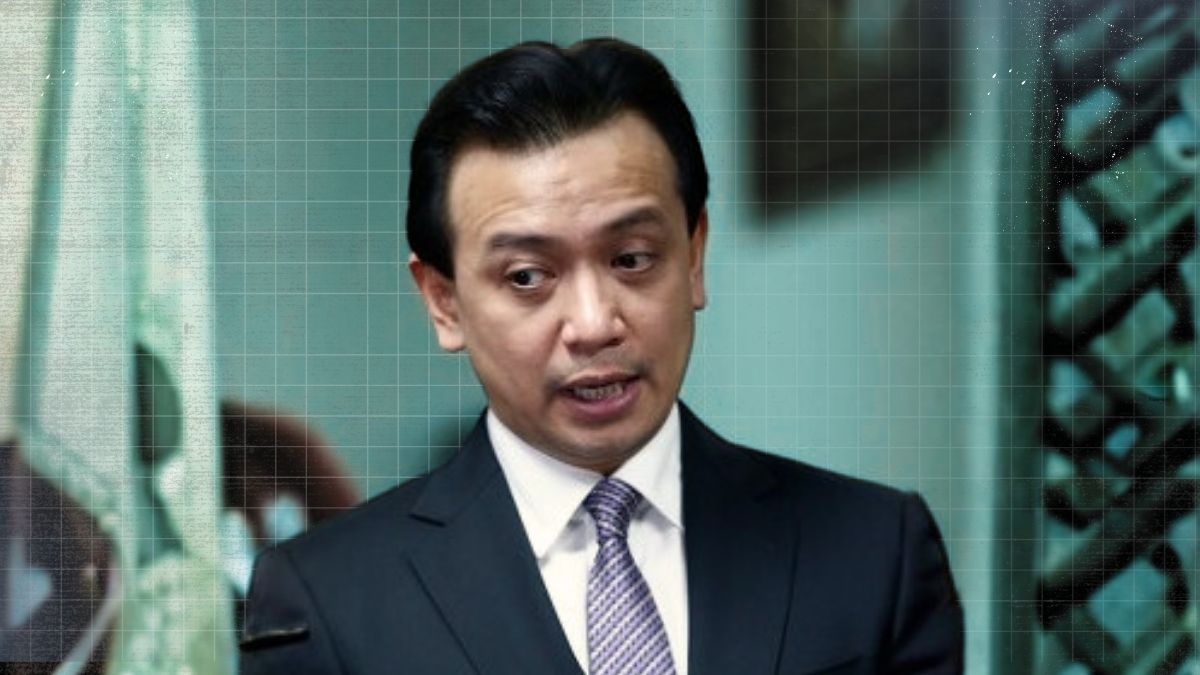 Image of former Senator Antonio Trillanes IV speaking in an interview, with an on-screen quote discussing alleged involvement of the Duterte camp in an issue concerning 18 former soldiers.