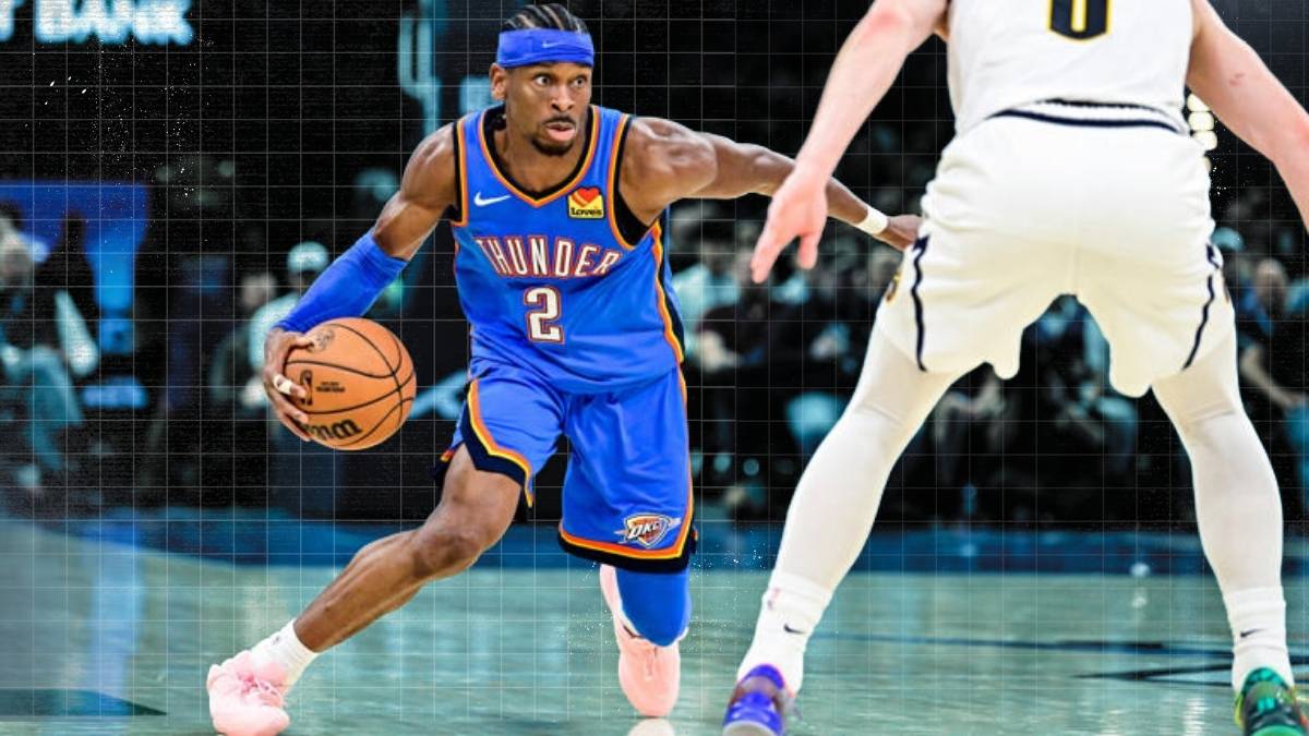 Oklahoma City Thunder star Shai Gilgeous-Alexander celebrating during an NBA game after tying Wilt Chamberlain’s record for most consecutive 20-point games.