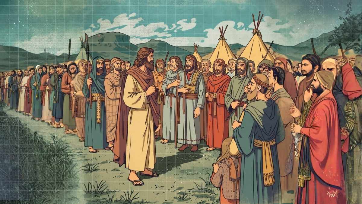 Vintage cartoon illustration of Moses appointing tribal leaders among the Israelites in the desert, a group of wise elders standing beside him while the people listen attentively, biblical robes and tents in the wilderness background.