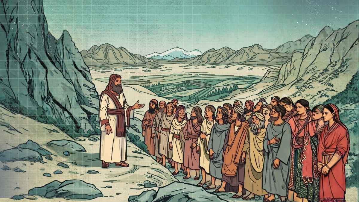 Vintage cartoon illustration of Israelites standing at Kadesh Barnea looking toward the hills of the Promised Land while some appear fearful and others stand confidently in faith.